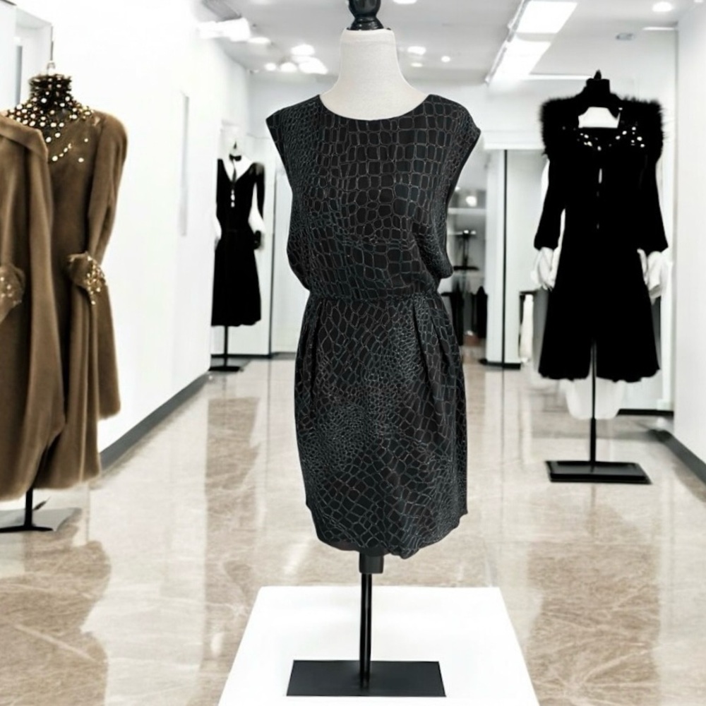 T Babaton Aritzia Black Silk Dress Size Small Silver Croc-Print Sheer Back